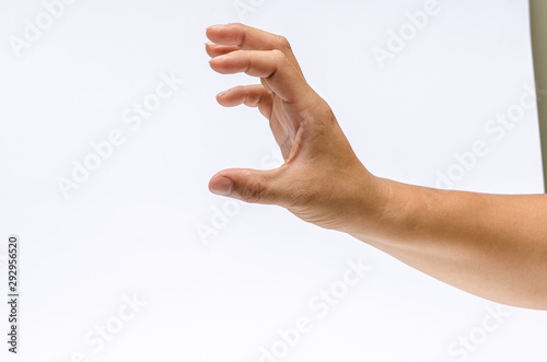 Close up of hand with hoding something. Isolated on white background.
