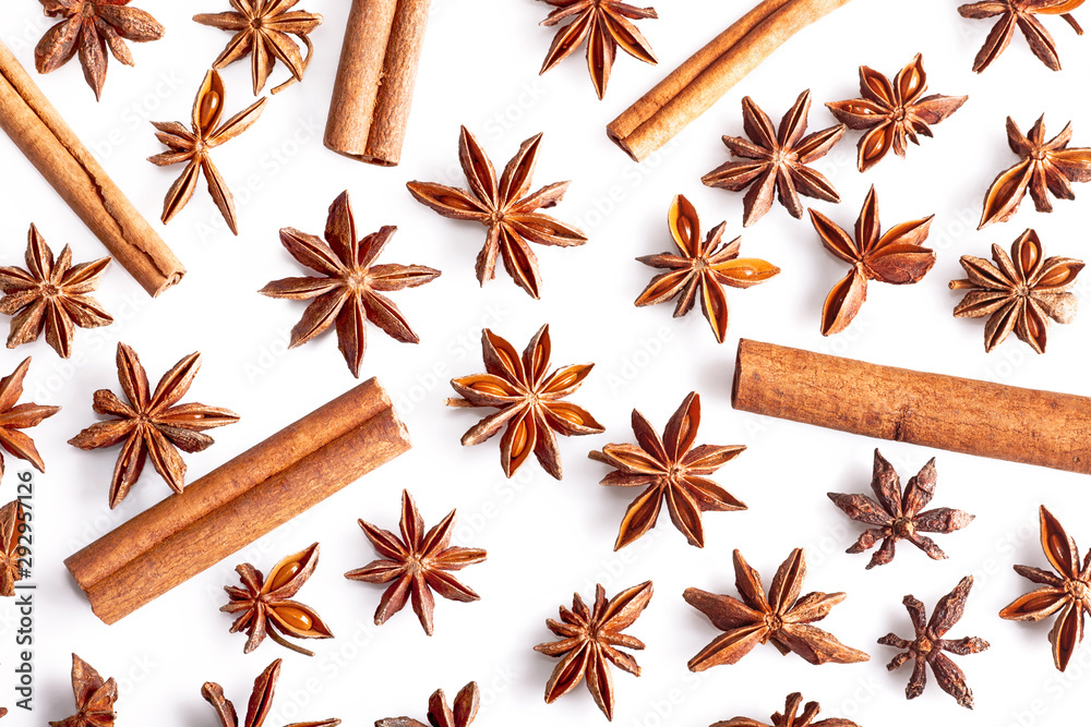 cinnamon stick and star anise spice isolated on white background closeup - pattern cinnamon stick and star anise spice isolated on white background closeup - pattern