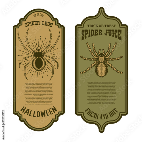 Spider juice. Spider legs. Halloween bottle label template. Design element for poster, card, banner, sign. Vector illustration