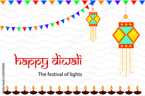 Diwali festival greeting layout with traditional hanging lamp. Beautiful background with Indian decorative elements. Wishing you all Happy Diwali 2019. Vector Illustration.