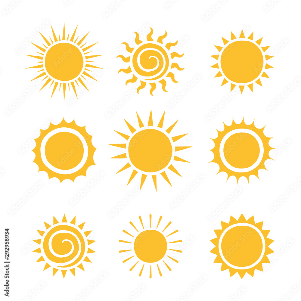 Fototapeta Set of different hand drawn sun icons. Flat style vector illustration