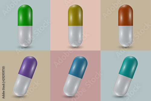 Set. Closeup of capsule pill icon and natural medicinal plant leaves. Medical isolated on a square background. The concept of medicine and healthcare.