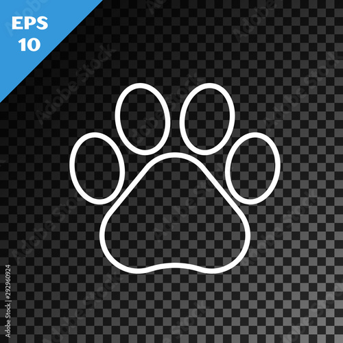 White line Paw print icon isolated on transparent dark background. Dog or cat paw print. Animal track. Vector Illustration