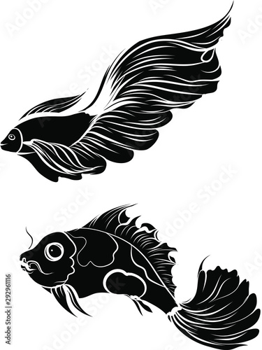 Hand drawn and Silhouette beautiful siamese fighting fish.Thai beautiful fish tatoo.Infinity asian fish.