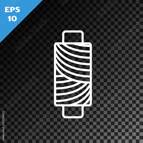 White line Sewing thread on spool icon isolated on transparent dark background. Yarn spool. Thread bobbin. Vector Illustration