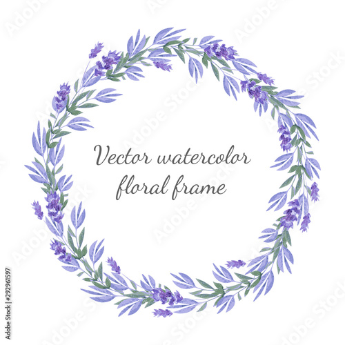 Vector watercolor round frame with floral ornaments and lavender flowers