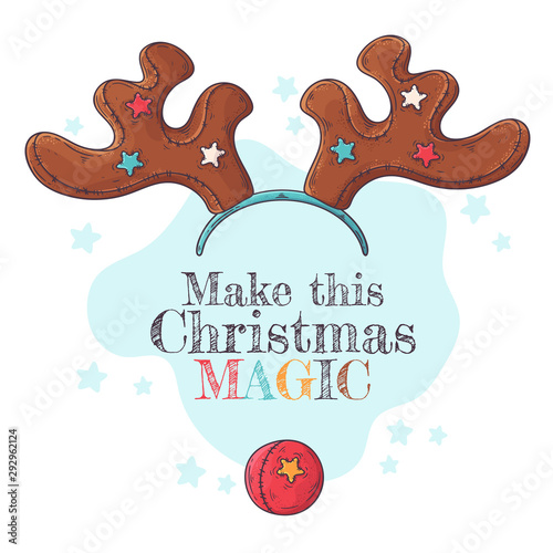 Funny Christmas horns of reindeer and a red nose Vector.