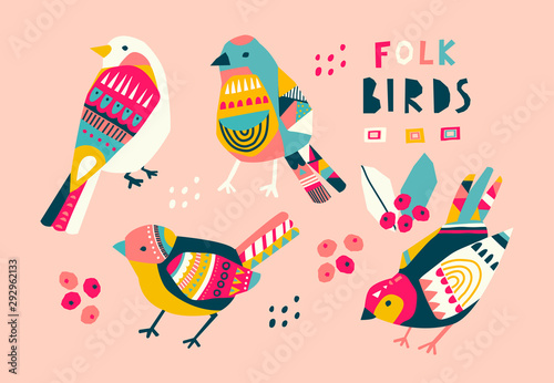 Various birds with different folk ornaments. Paper cut scandinavian style. Flat design. Hand drawn colored vector set. Modern trendy illustration. All elements are isolated photo