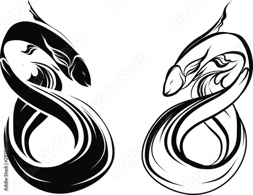 Hand drawn and Silhouette beautiful siamese fighting fish.Thai beautiful fish tatoo.Infinity asian fish.