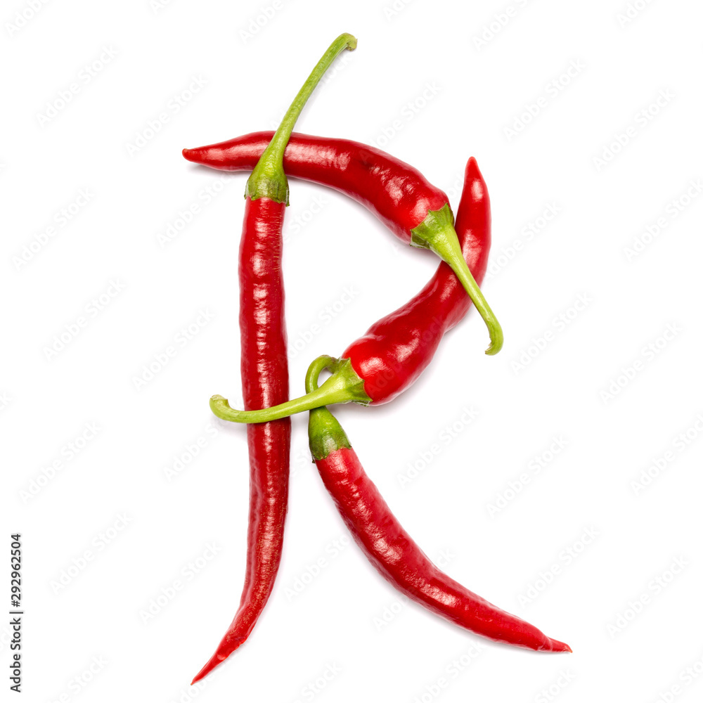 English alphabet made of chili peppers on white background. Font made of hot red chili pepper isolated - letter R.