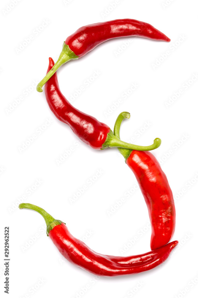 English alphabet made of chili peppers on white background. Font made