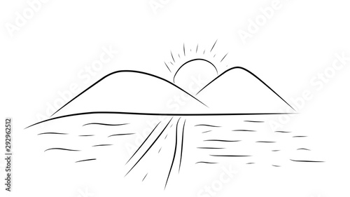 hand drawn sun and rain mountain urban city scene outline doodle pencil sketch illustration