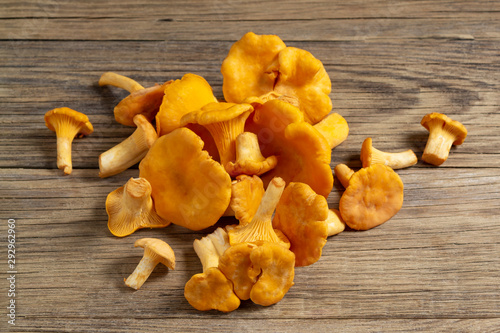 Bunch of chanterelles on an old wooden table