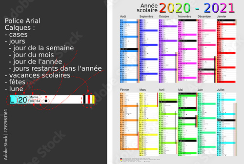 Calendrier scolaire 2020-2021, calques, vacances scolaires, Saints, 12 mois