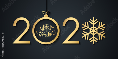 2020 Happy New Year celebrate banner with handwritten new year holiday greetings, gold christmas ball and snowflake. Vector illustration.