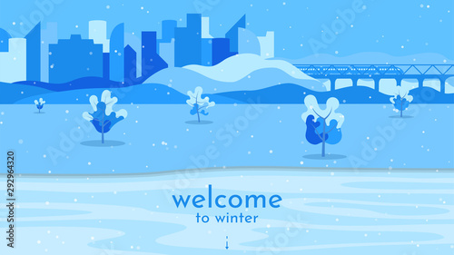 Minimalistic vector winter landscape. Flat abstract background. Blue wallpapers. The city with transport links near the park with trees. Frozen Lake. Template with free space for text. Snowfall.