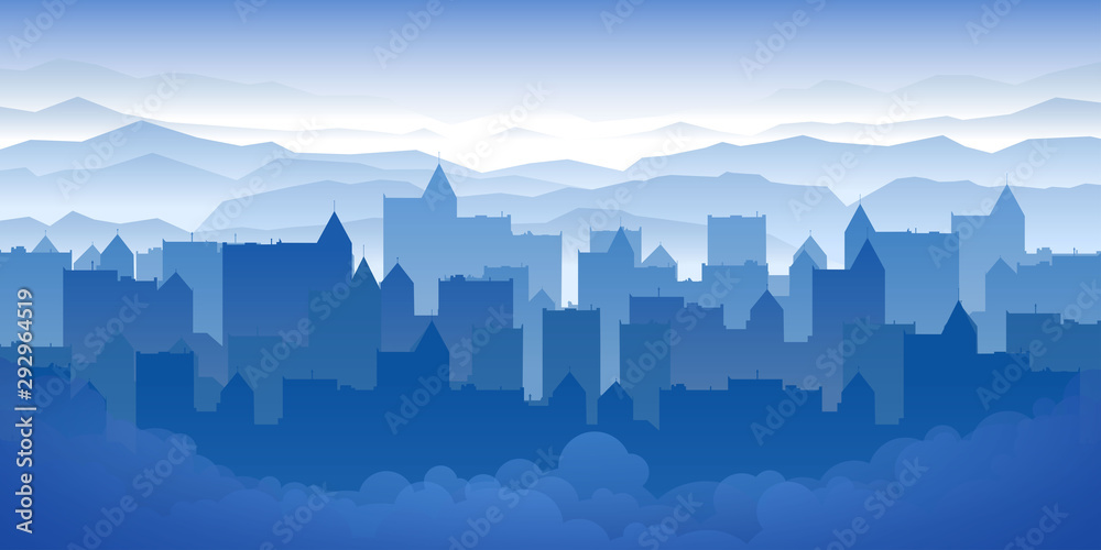 Minimalistic vector landscape. Flat style background. Blue wallpapers. Website design elements. Silhouettes of houses with details and mountains. Misty town. Buildings in the fog. Clouds