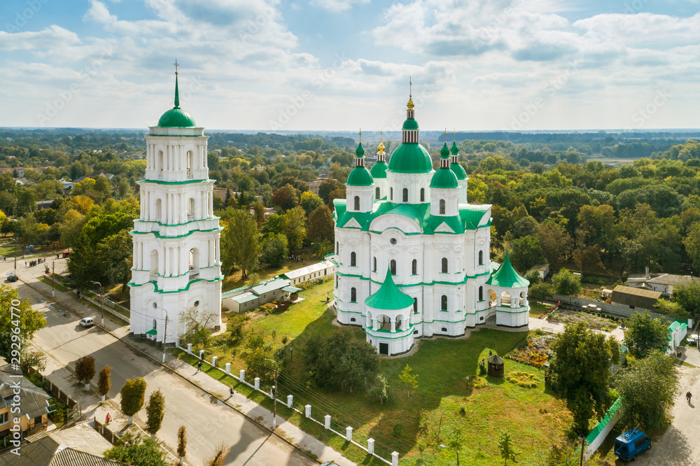 Aerial autumn view of Cathedral of the Nativity of the Most Holy Mother of God  in Kozelets town, Chernihiv region, Ukraine.