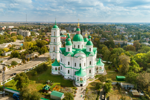 Aerial autumn view of Cathedral of the Nativity of the Blessed Virgin in Kozelets town, Chernihiv region, Ukraine.