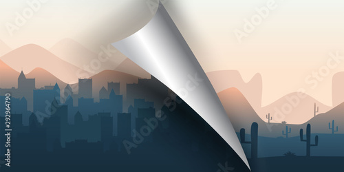 Abstract flat landscape. Creative idea. Turn the page from city to desert. Minimalistic wallpaper. Curved page with shadow. 3d style. Foggy town. Evening wilderness.