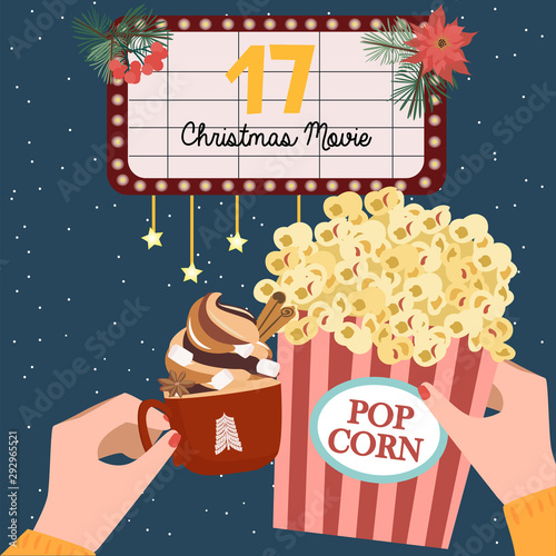 Christmas Advent Calendar, Day 17. Watch a Christmas movie with cocoa and popcorn. Lifestyle Vector Illustration.