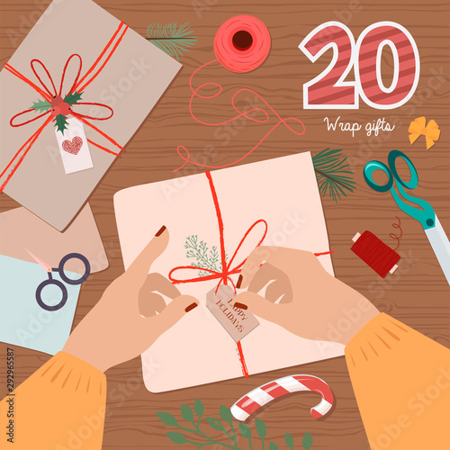 Christmas Advent Calendar, Day 20. Wrap Christmas presents. Top view work process. Lifestyle Vector Illustration.