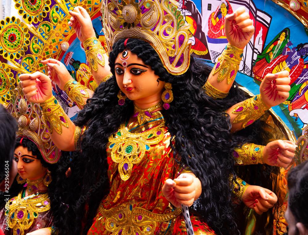 Durga Puja or Durgotsava,is an annual Hindu festival celebrated mainly in Calcutta city ,West Bengal,India. Durga is Goddess with many arms each carrying weapon and defeating evil power of Mahishasura