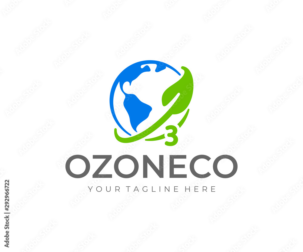 Ozone logo design. World ozone day vector design. Earth planet with ozone layer and leaf logotype Ozone logo design. World ozone day vector design. Earth planet with ozone layer and leaf logotype