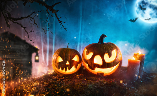 Spooky halloween pumpkins in dark mistery forest © Jag_cz