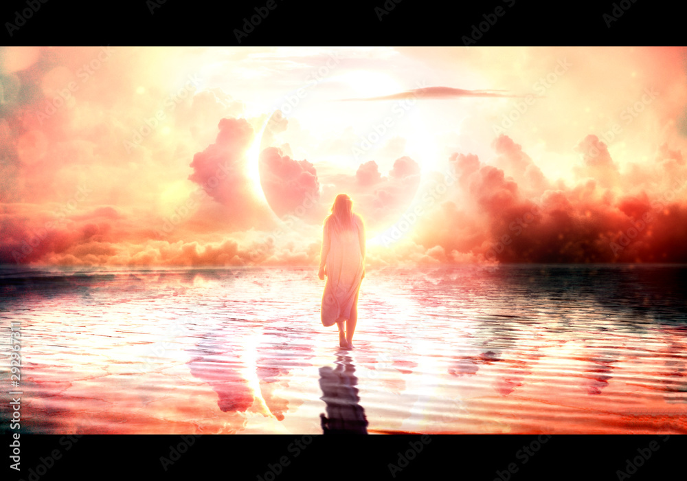 Artistic illustration of a female jesus walking on water towards paradise - obrazy, fototapety, plakaty 