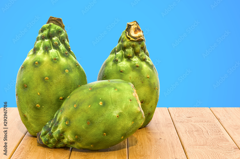 Naklejka premium Cactus pears close-up 3d rendering with realistic texture on the wooden table