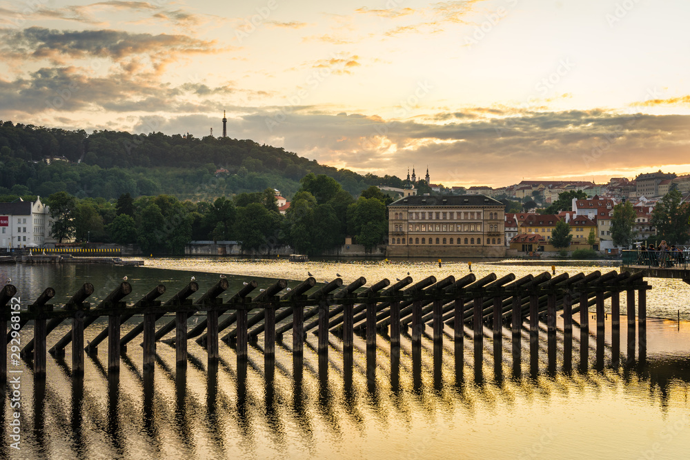 Scenic panorama cityscape view of Moldava river boat Prague in Czech Republic.