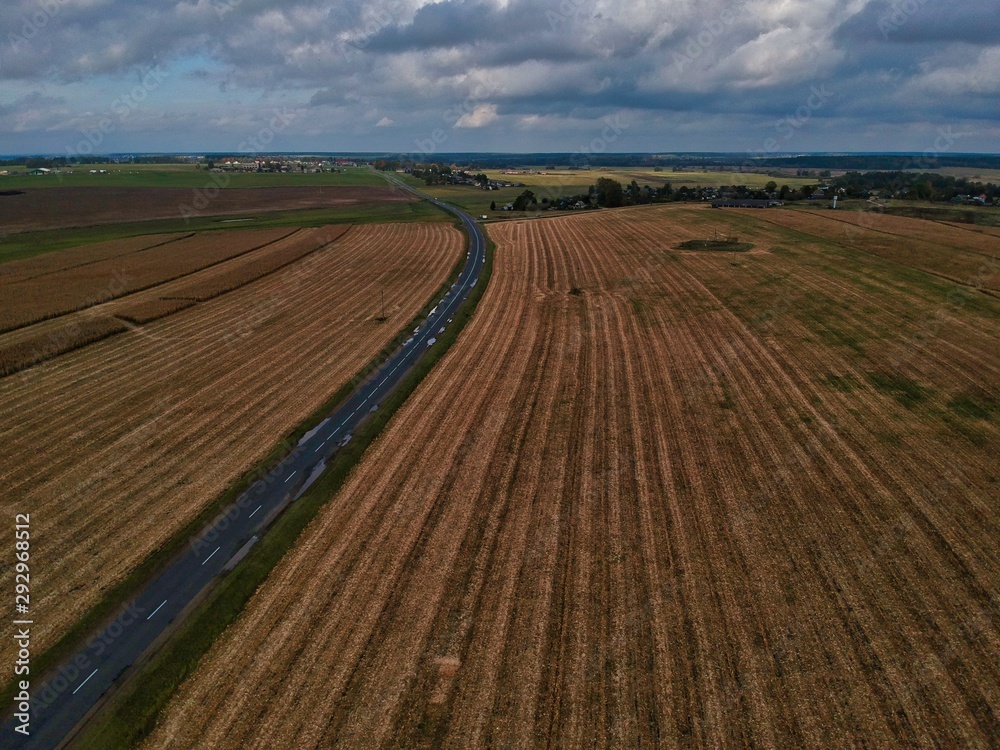 Aerial view of fields and country roads in Belarus