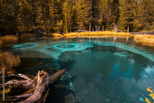 Beautiful Geyser lake with thermal springs that periodically throw blue clay and silt from the ground. Altai mountains, Russia photo