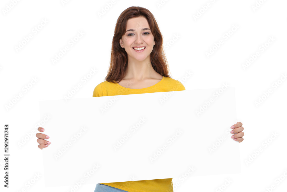Young woman with blank board on white background Young woman with blank board on white background