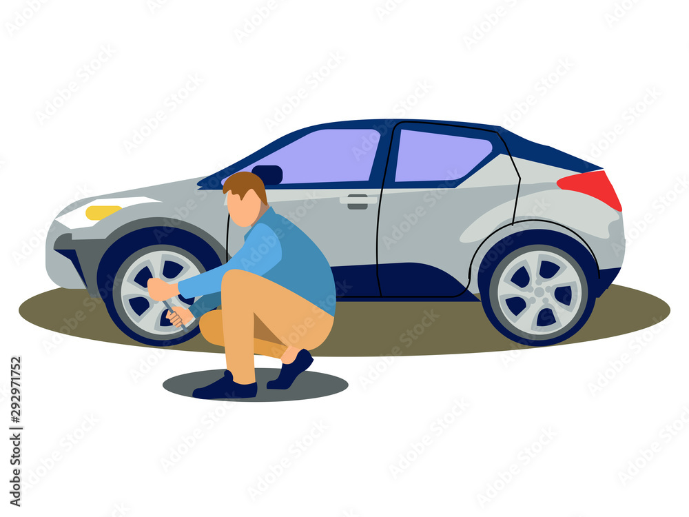 A man changes the wheel of a car. Tire service. In minimalist style. Cartoon flat A man changes the wheel of a car. Tire service. In minimalist style. Cartoon flat