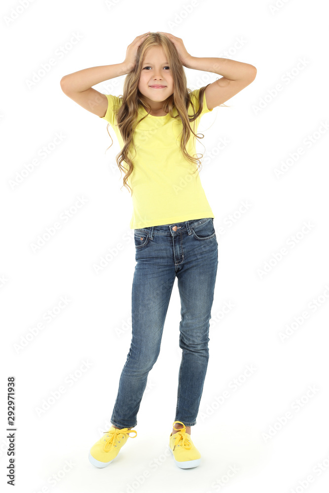 Beautiful little girl in fashion clothing isolated on white background Beautiful little girl in fashion clothing isolated on white background