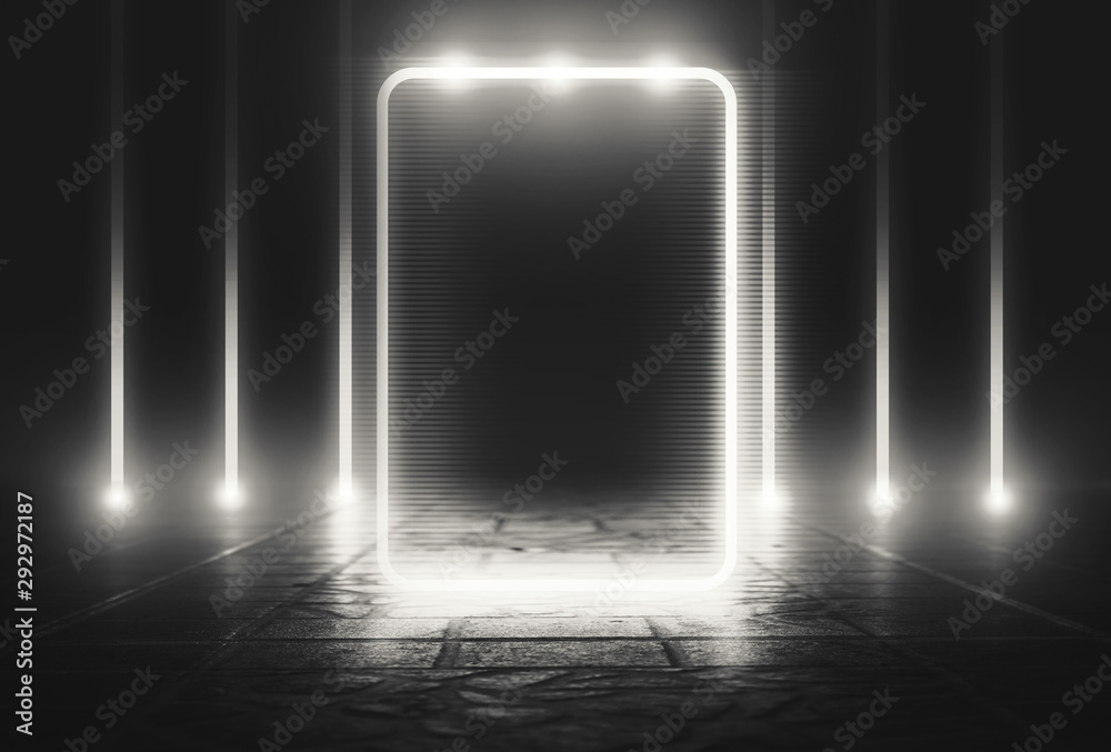 Empty background scene. Dark reflection of the street on wet asphalt. Rays of neon light in the dark, smoke. Background of an empty stage show. Abstract dark background. Empty background scene. Dark reflection of the street on wet asphalt. Rays of neon light in the dark, smoke. Background of an empty stage show. Abstract dark background.