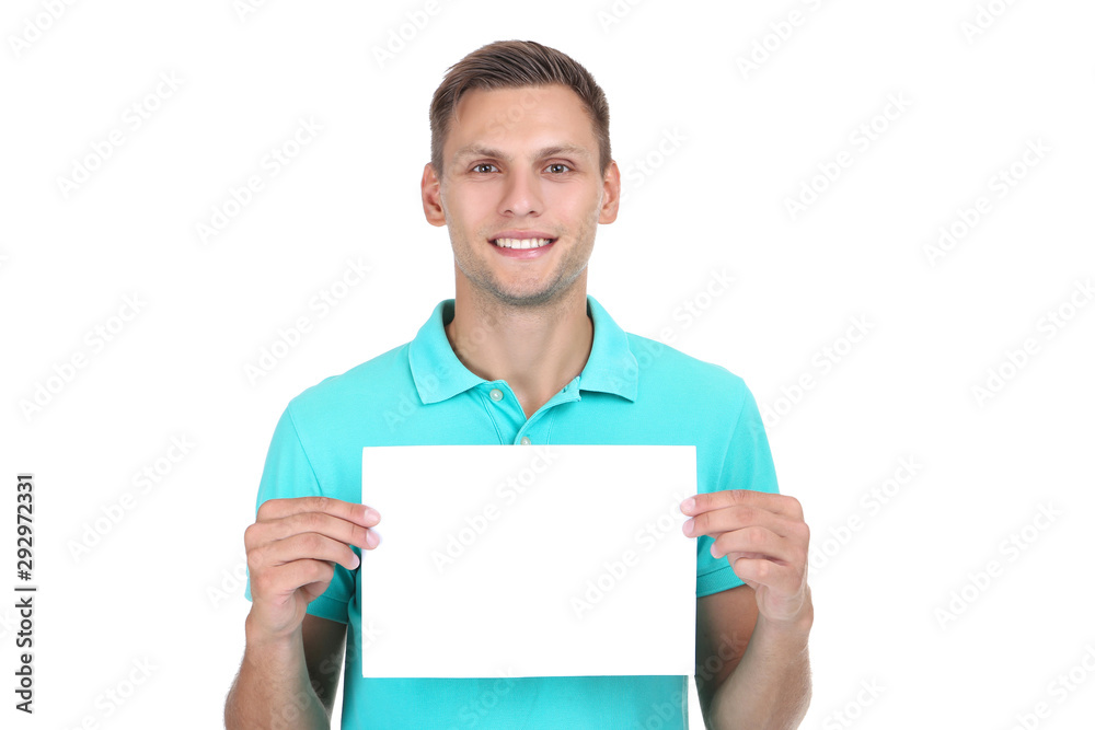Young man with blank board on white background Young man with blank board on white background