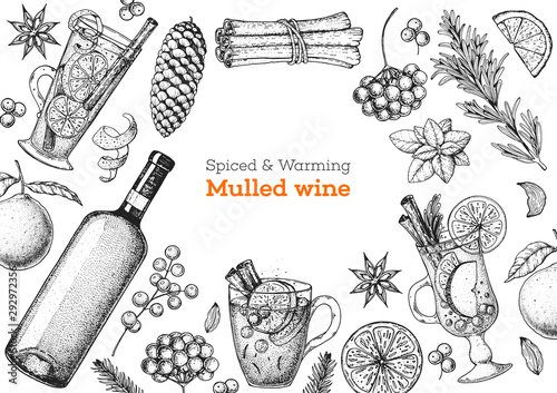 Mulled wine, winter hot drink. Hand drawn sketch. Vector illustration. Christmas invitation design template. Sketch collection. Christmas bar menu. Mulled wine and tea.