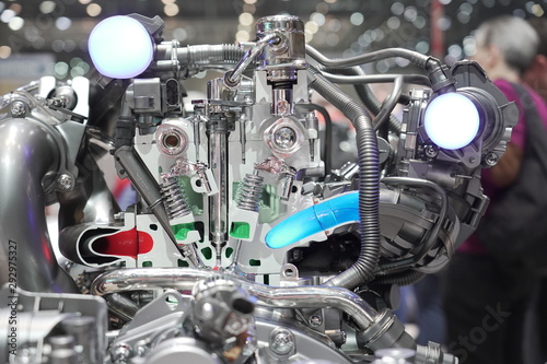 Cross section of motor with Injector at Autosalon Genf 2019 in Geneva, Switzerland