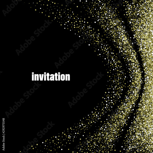 Glitter particles effect. Gold glittering Space star dust trail sparkling particles on black background.