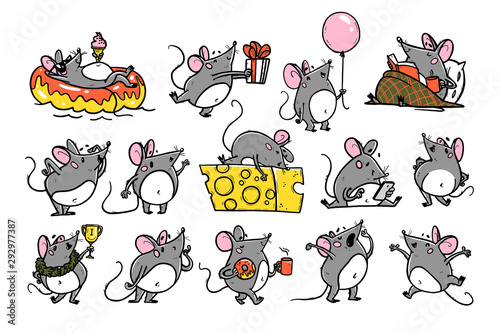 Vector illustration of cute hand drawn grey mouse character in different situations: hold cheese, jump, give present, read, win, swim, yawn. 2020 year mascot. For sticker, nursery, print, banner, logo