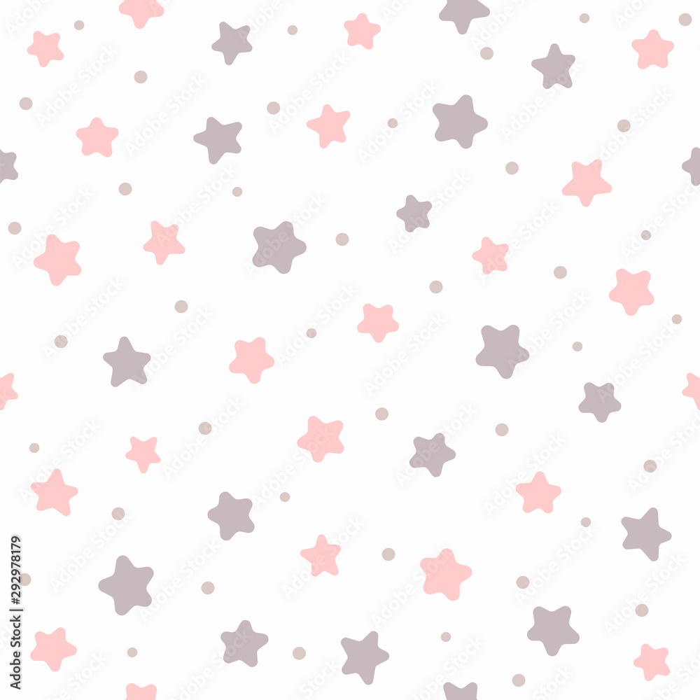 Seamless pattern with repeating stars and round spots. Girl print. Simple vector illustration.