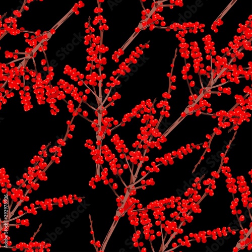 Wide seamless floral background pattern. Red Holly christmas berries, branches on black background. Hand drawn.