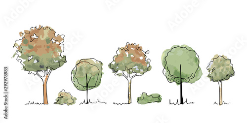 Set of autumn Trees, Bushes, Tree watercolor sketches for landscape design. Vector illustration, hand drawn, isolated on white background. 