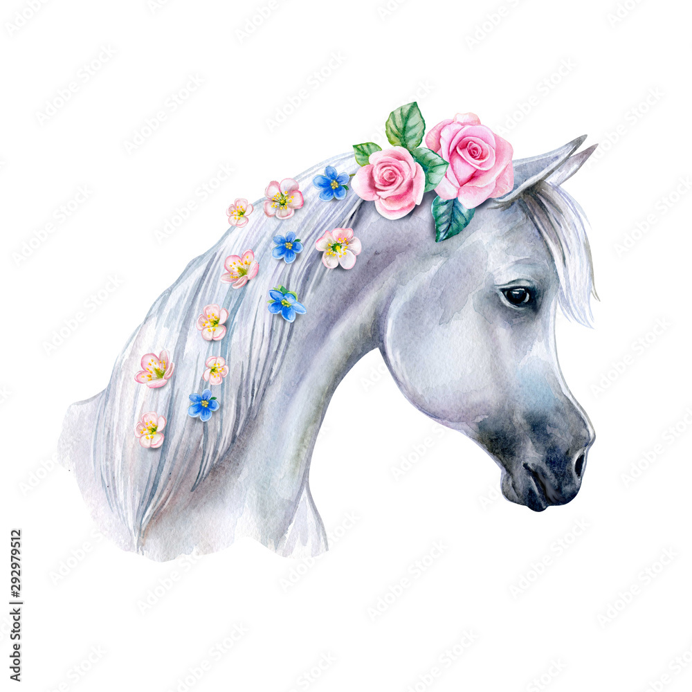 Naklejka Head of a white horse with pink flowers. cute watercolor clipart. Trendy cartoon horse. Template. Close-up. Clip art. Hand drawn. Template. Hand painted