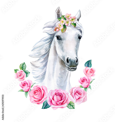 Fototapeta Naklejka Na Ścianę i Meble -  Head of a white horse with pink flowers. cute watercolor clipart. Trendy cartoon horse. Template. Close-up. Clip art. Hand drawn. Template. Hand painted