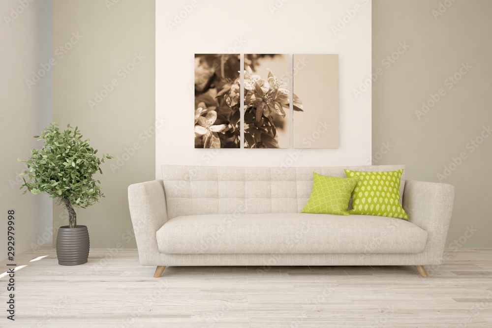 Fototapeta premium Stylish room in white color with sofa. Scandinavian interior design. 3D illustration