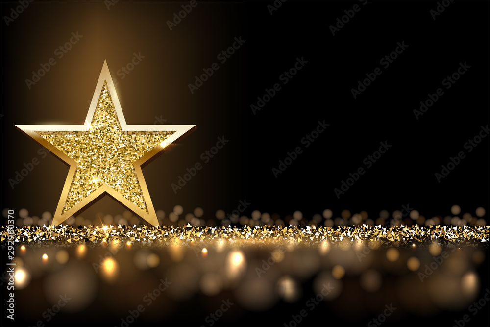 Golden sparkling star isolated on dark luxury horizontal background. Vector design element.
